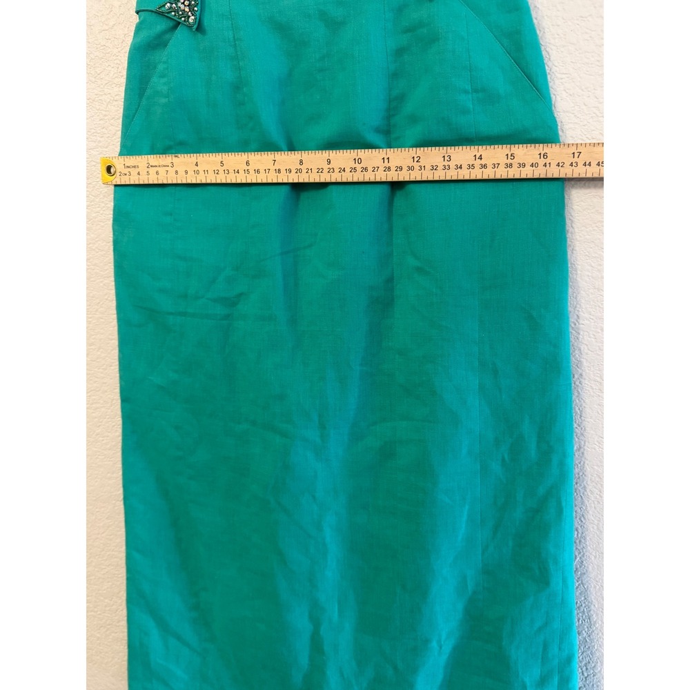 Joseph Ho Green Ramie Cotton Pencil Skirt Embellished Waist Size 6 Vintage - Picture 12 of 13